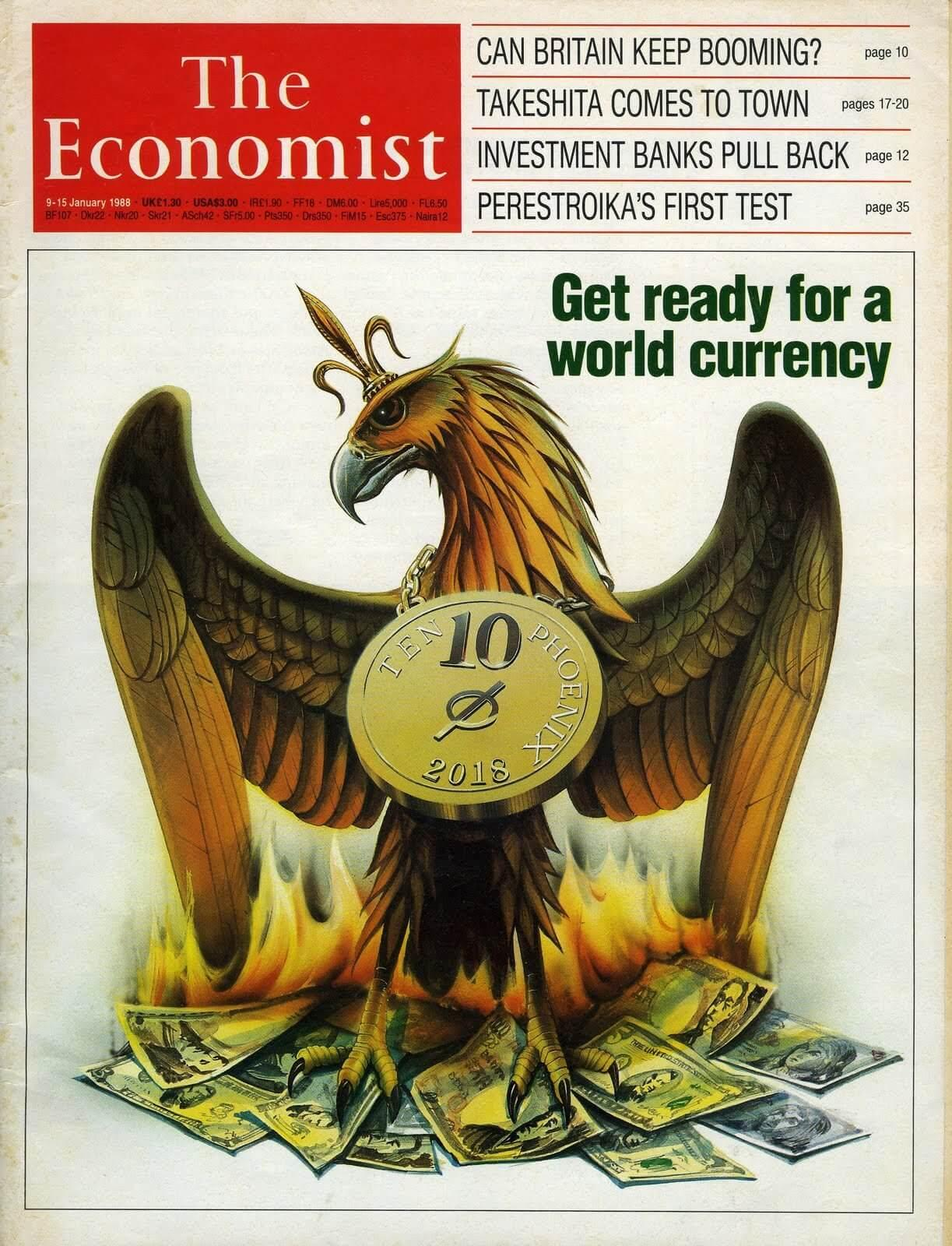The Economist cover from January 1988 featuring a Phoenix and a coin marked 2018
